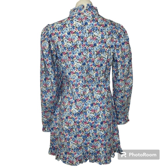 Nasty Gal Floral Print Dress 10 Blue Pink White Long Sleeve Mini Ruffles - Picture 3 of 12